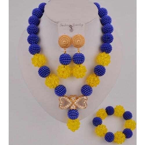 Pretty Royal Blue and Yellow African Beads Jewelry Set Women Nigerian Traditional Wedding Set SP1-05