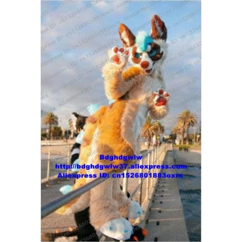 Colorful Long Fur Furry Wolf Husky Dog Fox Fursuit Mascot Costume Adult Cartoon Character Opening Session Movie Props zx3012