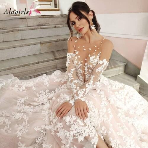 Alagirls Sleeve Lace Wedding Dress 2020 O Neck Movable Sleeves Illusion Court Train Bridal Gowns vestido de novia