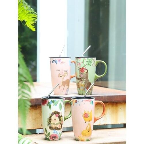 Large-capacity mug with lid ceramic household cup couple high-value coffee cup cute water cup office ceramic mug tea cup CL51307