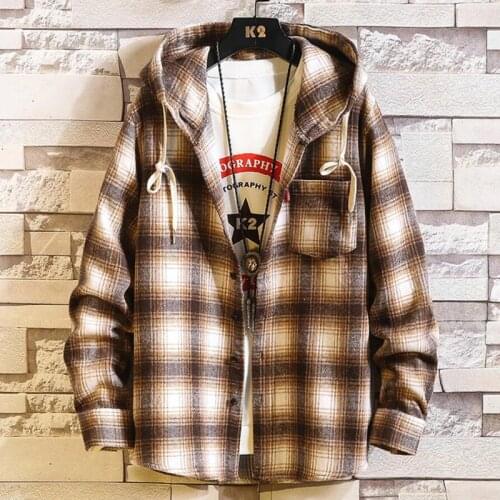 2021 New Autumn Mens Casual Brand With Hooded Plaid Shirt Men Fleece Red Shirts Long Sleeves Shirts Coats Plus Size 6XL 7XL