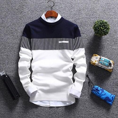 Mens Autumn Sweater Fashion Casual Strip Color Block Knitwear Jumper Pullover Sweater Fashion Vintage O-Neck Coat Sweater Men