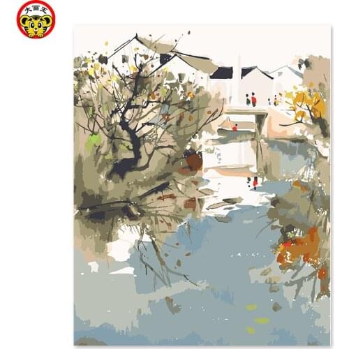 Painting by numbers art paint by number ,, ink, water, Chinese wind, Jiangnan tobacco and rain Town in ancient times