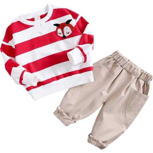 New Spring Autumn Boys Striped Long-Sleeved Top Trousers Set Pants Kid 2Pcs Suit Girl Cartoon Fox Clothes Children Casual Outfit