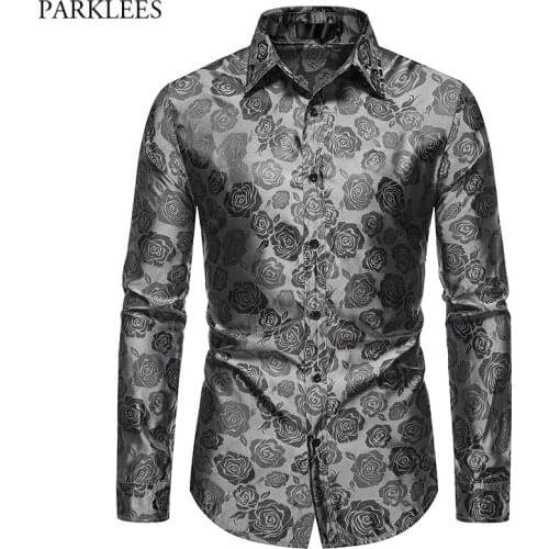2021 Stylish New Mens Floral Rose Printed Dress Shirts Long Sleeve Prom Wedding Party Button Down Top Blouse Chemise Homme 2XL
