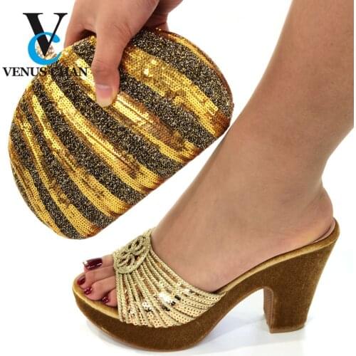 Latest Popular INS HOT Sale 10 CM Comfortable Heels in Golden Color Italian Design African Women Shoes and Bag Set for Dress