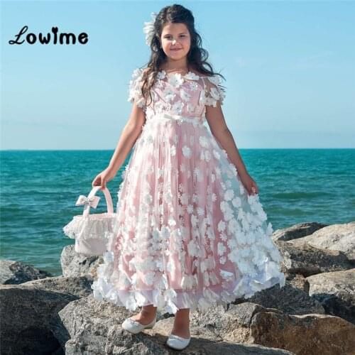 Pink Flower Pageant Dresses For Girls Kids Ball Gowns Applique First Communion Dresses For Girls Vestido Daminha 2018