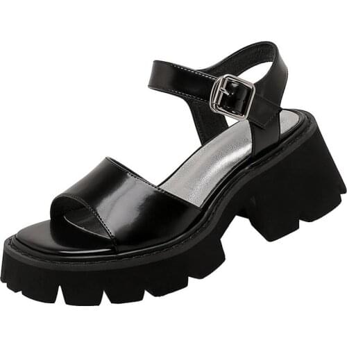 Women Shoes Genuine Leather Platform High Heel Square Toe Sandals Buckle Chunky Heel Cow Leather Lady Footwear Summer