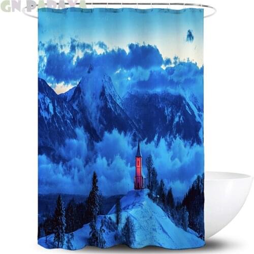 Snowy forest forest Bath Curtains Waterproof Polyester blue mountain hippy art Shower Curtains Screen with Hooks farmhouse decor