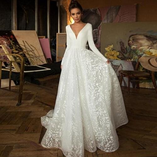 Wedding Dress 2021 New Vestido De Noiva Full Sleeve Sexy V-neck Court Train Zipper Back A-line Princess Luxury Robe De Mariee