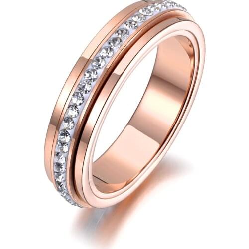 Trendy Titanium Stainless Steel Rotatable Wedding Ring Rose Gold Micro Pave CZ Crystal Anniversary Rings For Women R19027