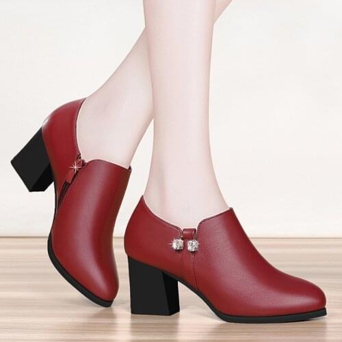 Women Shoes Spring Winter PU Leather Pointed Toe 8cm Thick High Heel Solid Mom Shoes Zipper Wedding Female Pumps Boots Plus Size