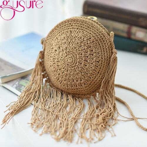 Gusure National Style Tassel Women Round Messenger Bag Circle Shoulder Bags Crossbody Summer Straw Knitting Handbags with fringe
