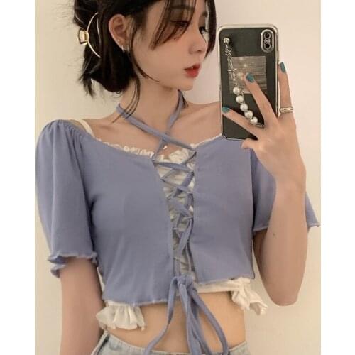 Halter Slash Neck Woman Tshirts Summer Off Shoulder Sexy High Stree Y2k Crop Top Hollow Out Bandage Puff Sleeve Tees New