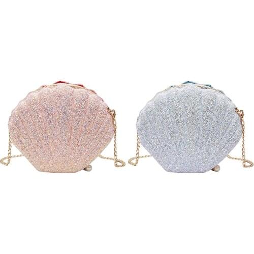 Women Girls Little Mermaid Seashell Purse Cross-Body Shoulder Bags Glitter Sequins Chain Evening Purse