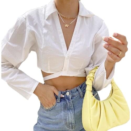 Women’s Casual Long Sleeve Cardigan Fashion Solid Color Lapel Bandage Exposed Navel Shirt