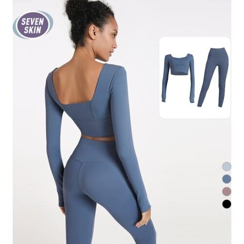 SEVEN SKIN 2pcs Women Seamless Yoga Set Gym Fitness Leggings+Crop Top with Long Sleeves Sport Suit Women Tracksuit Active Shirts