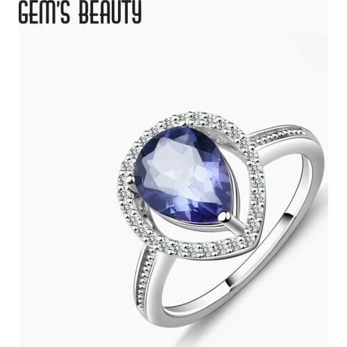 GEMS BEAUTY 925 Sterling Silver Pear Cut Rings Natural Mystic Quartz - Iolite Blue Handmade Rings For Women Romantic Gift