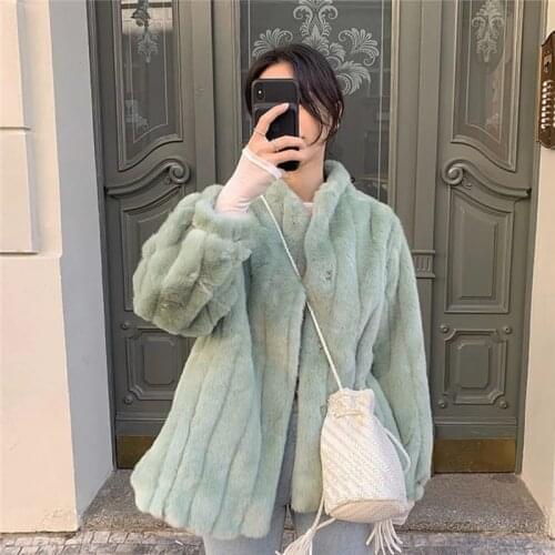 Winter Faux Mink Fur Coat Korean Chic Mint Green Thick Soft Overcoat casaco de pelo sintetico luxe femme casaco feminino