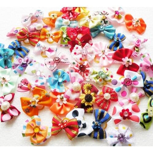 50/100pcs Mix Color Cute Ribbon Puppy Dog Hair Bow Knot Rhinestone Pearl Pet Grooming Accessories