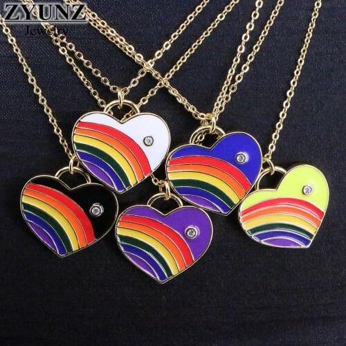 6PCS, Korea Enamel Love Heart Choker Necklaces Simple Gold Chain Rainbow Heart Pendant Necklace for Women Jewelry Gift