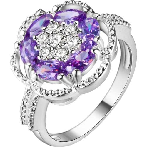 AR665 Silver Plated Finger Rings for women & men size 8# fashion jewelry purple flower shape Bijouterie Zircon Stone Ring