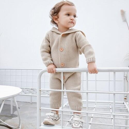 Childrens clothing jumpsuit warm knit romper childrens hooded small ears out romper
