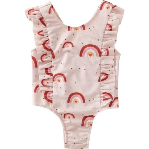 Infant Kids Baby Girls Swimsuit Cute Rainbow Print Sleeveless Ruffle Bathing Suit Summer Toddlers Swimwear Baby Girl 0-3Years