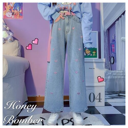 Love Embroidery Jeans Women Straight in Easing The New Chic Show Whin Tall Waist Drape Wide-Legged Pants Of Mop The Floor