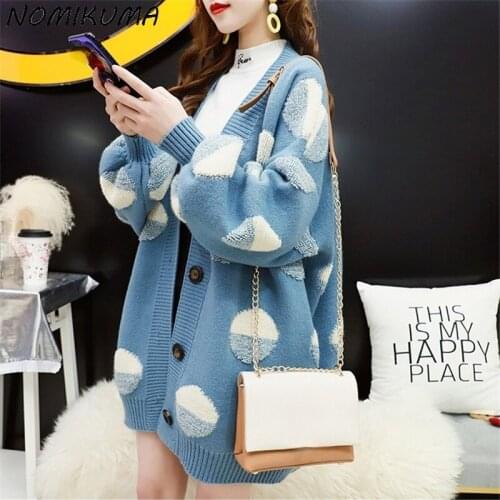Nomikuma Sweet Dot Knitted Cardigan 2021 Puff Long Sleeve V-neck Sweater Causal Oversized Autumn Winter Knitwear Outwear 6K891