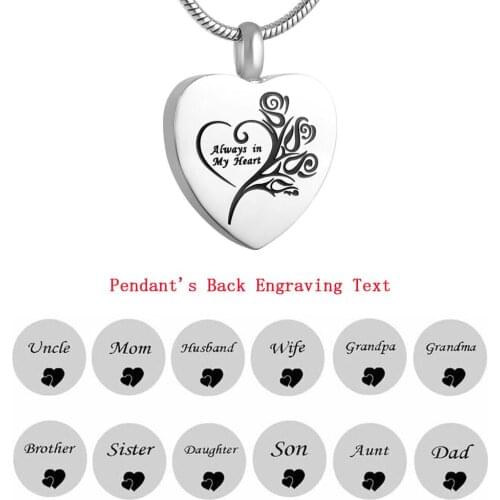 LL9122 Custom engraving Stainless Steel Cremation Pendant Always in My Heart Memorial Urn Necklace For Ashes Keepsake Pendant