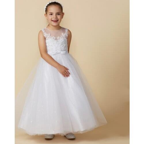 FashionMia Ivory White First Communion Lace Appliques Tulle Bowknot Ball Gown Flower Girls Dress for Wedding Party Birthday