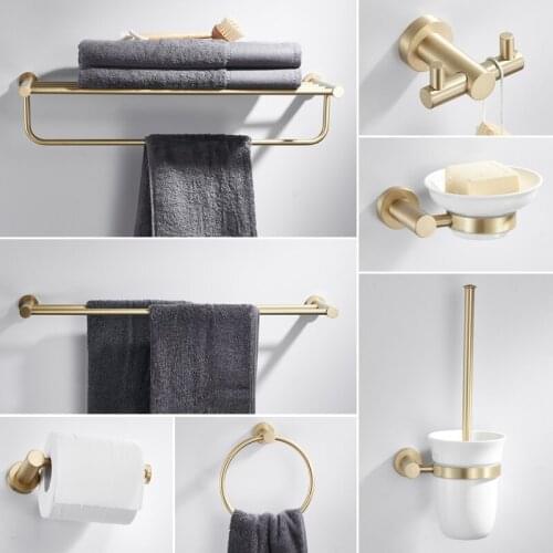 Brass Bathroom Hardware Set Towel Rack Shelf Brushed Gold Corner Shelf Toilet Brush Holder Robe Hook Wall Toilet Paper Holder
