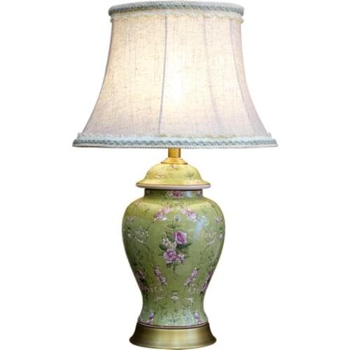 Luxurious European Palace Flowers Porcelain Table Lamp Foyer Sofa Corner Large Green Ceramic Classical Wedding Desk Light D45