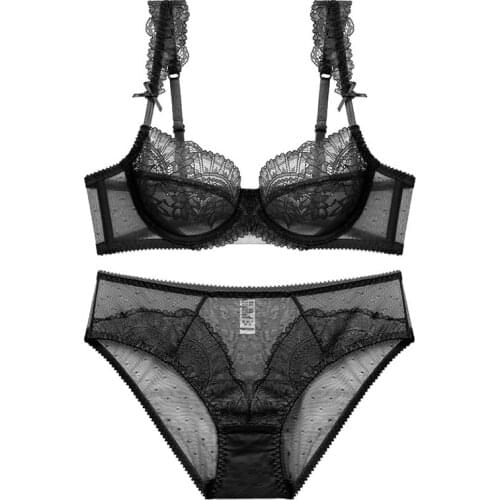 Sexy Plus Size Lace Ultra Thin Transparent Bra and Panty Set Underwear with Stones Women Lingerie A B C D E Cup 95C 95D 2021 New