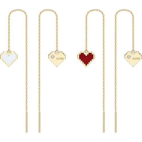 Fashion 925 Sterling Silver Yellow Gold Color Pixelove Ear Line with White Red Love Heart Long Drop Earrings for Women