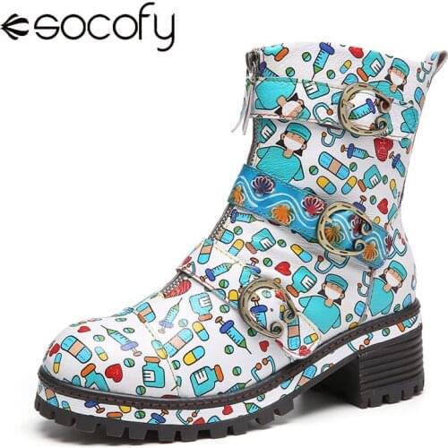 SOCOFY Women Cartoon Printing Pattern Boots Leather Side Zipper Short Ankle Boots Casual Outdoor Party Shoes Botas Mujer 2020