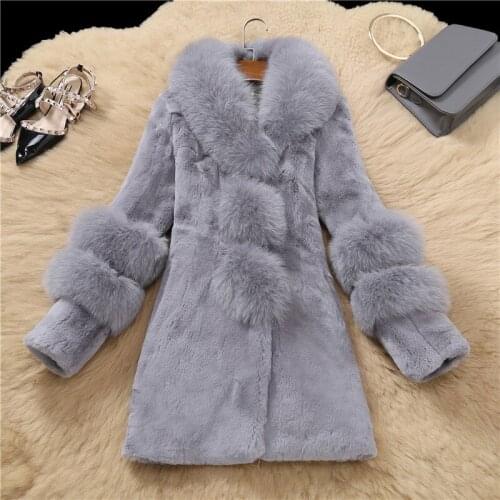LIUJ QM Winter Female Sheepskin Coats High Quality Women Warm Faux Fur Coat Fox Fur Collars Snap Slim Furs Jacket Plus Size 258