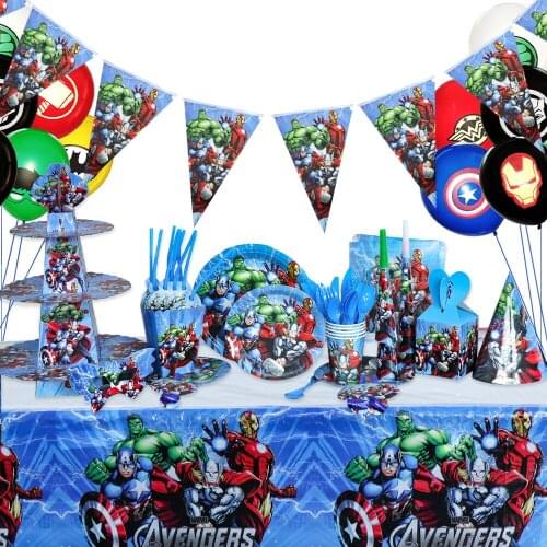 1set Superhero Party Disposable Tableware Plate Cup Tablecloth Banners Kids Birthday Party Baby Shower Decorations Supplies