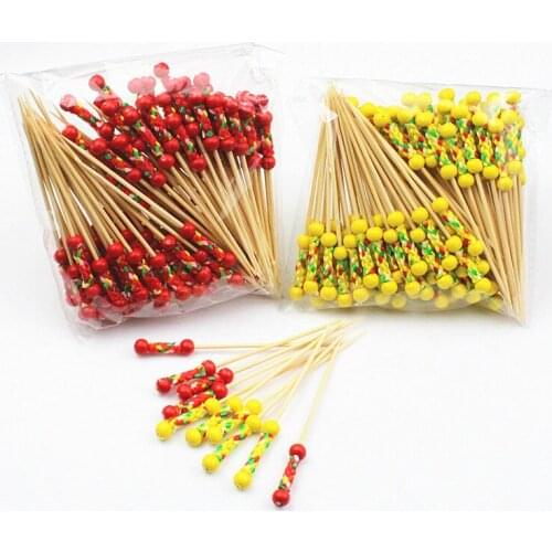 100 Pcs 9Cm Red/Yellow Beads Fruit Fork Sticks Buffet Cupcake Toppers Cocktail Forks Wedding Festival Decorations Birthday Party