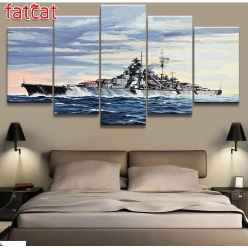 FATCAT 5 Panel German Battleship Bismarck War Weapon Diy Diamond Painting Full Square Round Drill Diamond Embroidery Sale AE927
