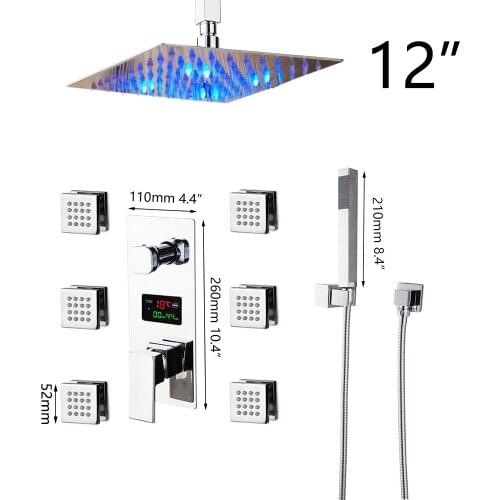 JIENI LED 3-Ways Bathroom 12 Inch Rainfall Shower & Hand Sprayer Wall Mounted Faucet Mixer Set