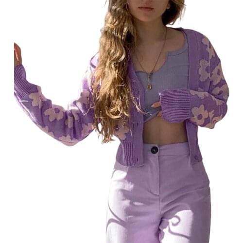 2021 New Women Casual Long Sleeve Cardigan Fashion Flower Pattern Single-breasted Knitted Coat