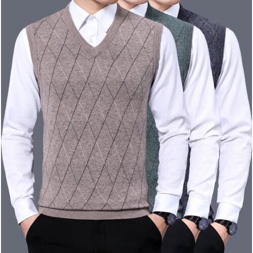 Men 100% Wool Knitted Vest 2020 New Plaid Striped V-neck Warm Jumpers Pure Cashmere Autumn Winter Sleeveless Pullovers Sweaters