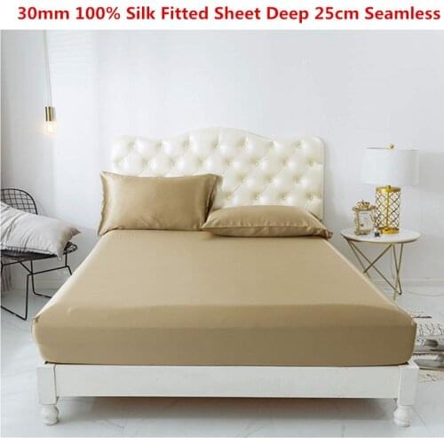 30MM 100% Mulberry Silk Fitted Sheet Deep 25cm Seamless Elastic Band Mattress Cover Solid Dyed Bed Sheet Many Size Customized