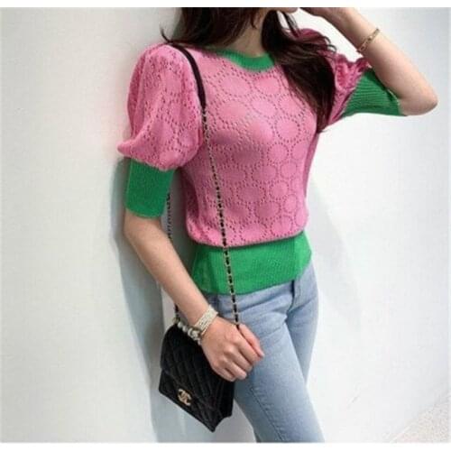 2020 New Arrivals Patchwork Summer Shirt for Ladies O-neck Puff Sleeve Feminine Blouses Elegant Chic Womens Clothing