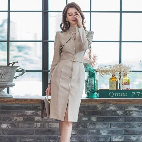 Autumn Korean Style Stand Long Sleeve Hollow Out Single Breasted Patchwork Sheer Midi Wrap OL Office Work Dress for Women 2020