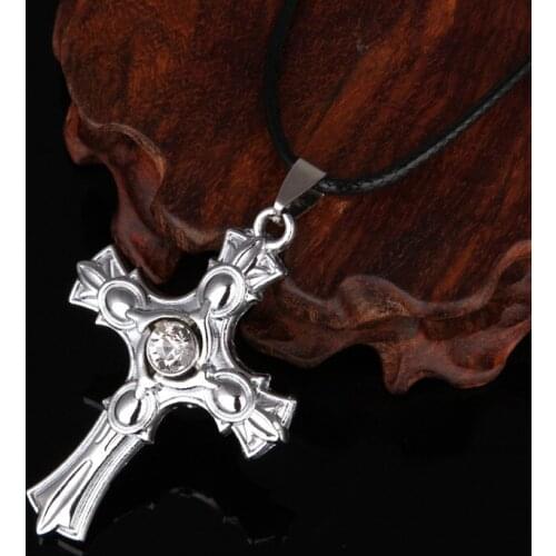 New Vintage Pattern with Rhinestone Cross Pendant Necklace Men Classic Statement Necklaces Pendants Leather Rope Jewelry