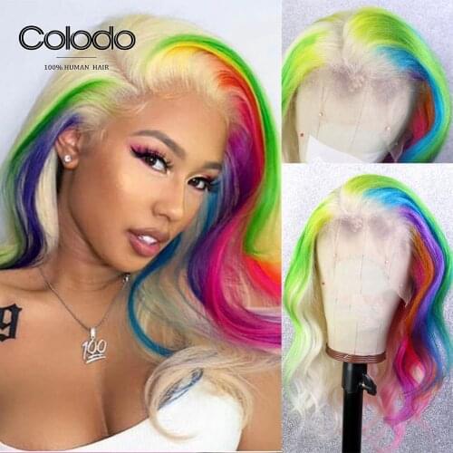 Rainbow Color Red Yellow Green Highlight Wig Brazilian Remy 13x4 Straight Lace Front Wig Ombre Human Hair Wigs For Women COLODO