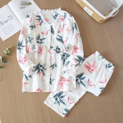 Pregnant Women Pajamas Cotton Gauze After Childbirth Clothes Long Sleeve V-Neck Lounge Wear Two Piece Sleepwear Adjustable Waist